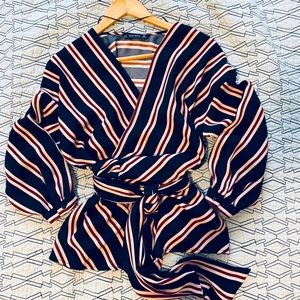 Zara striped wrap blouse, black red and cream